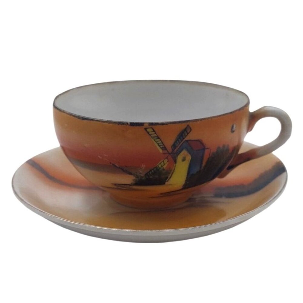 Vintage Chikaramachi Hand Painted Porcelain Tea Cup Saucer Windmill  Japan CHK10